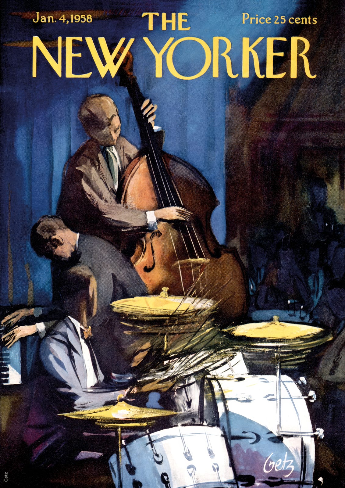 A musician plays double bass with other musicians.