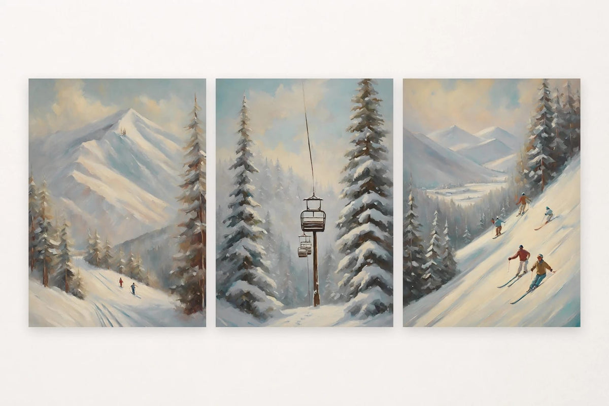 Three mountain scenes show skiers among pines, a lift, and a snowy valley.