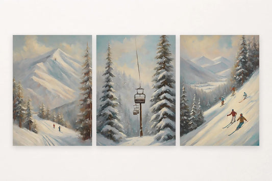 Three mountain scenes show skiers among pines, a lift, and a snowy valley.