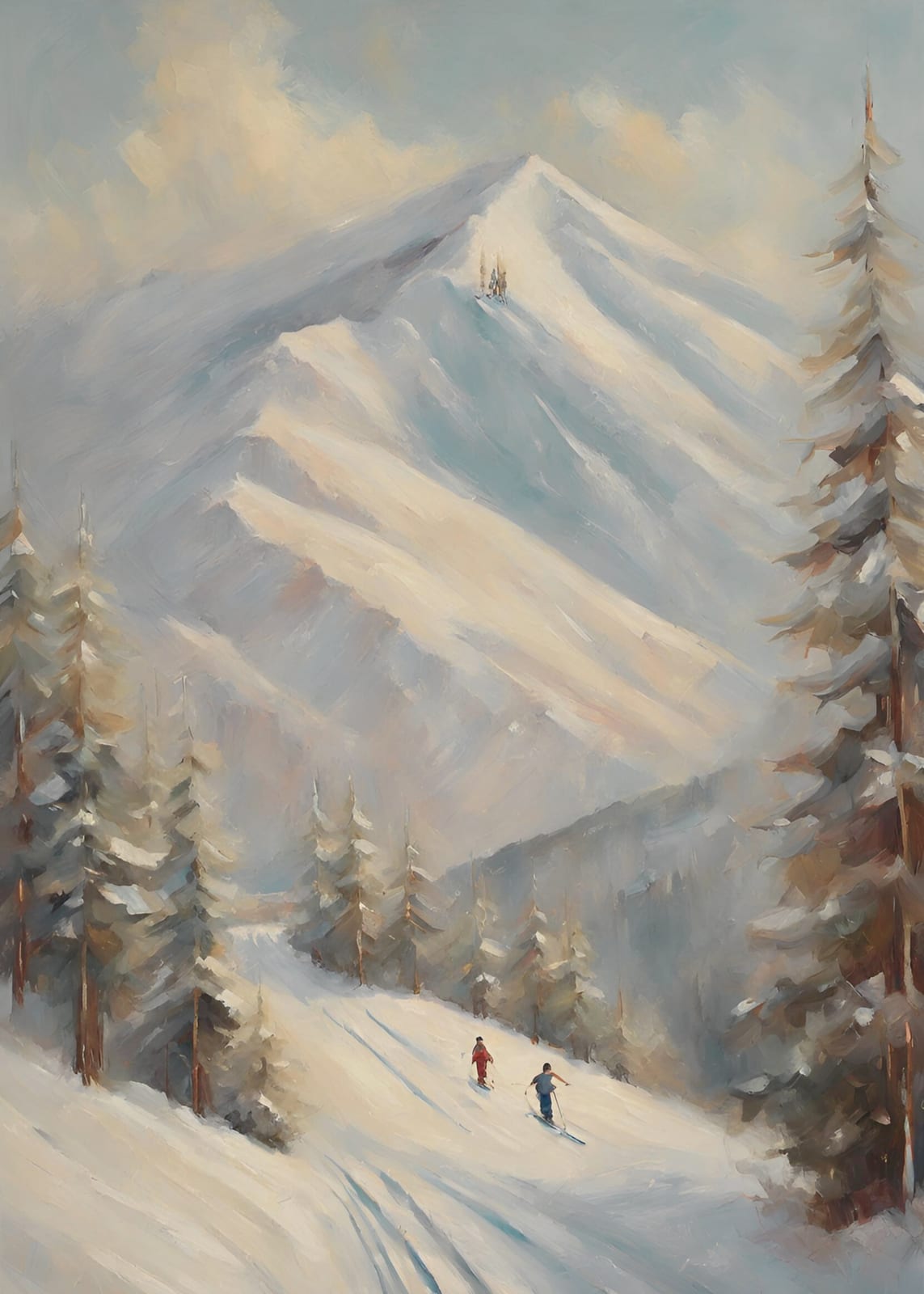 Skiers cross a snowy slope among pine trees.