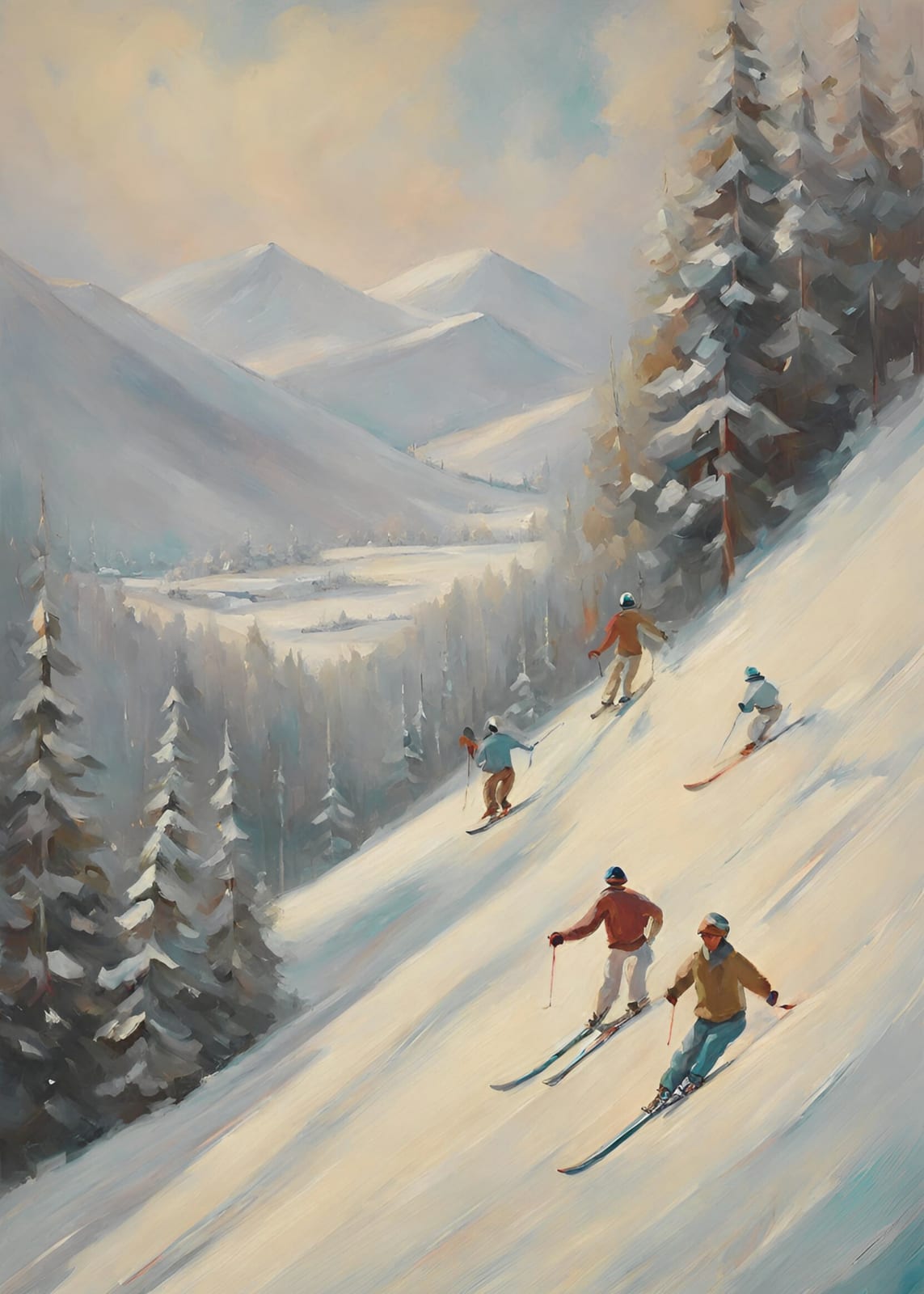 Skiers overlook a snowy mountain valley.