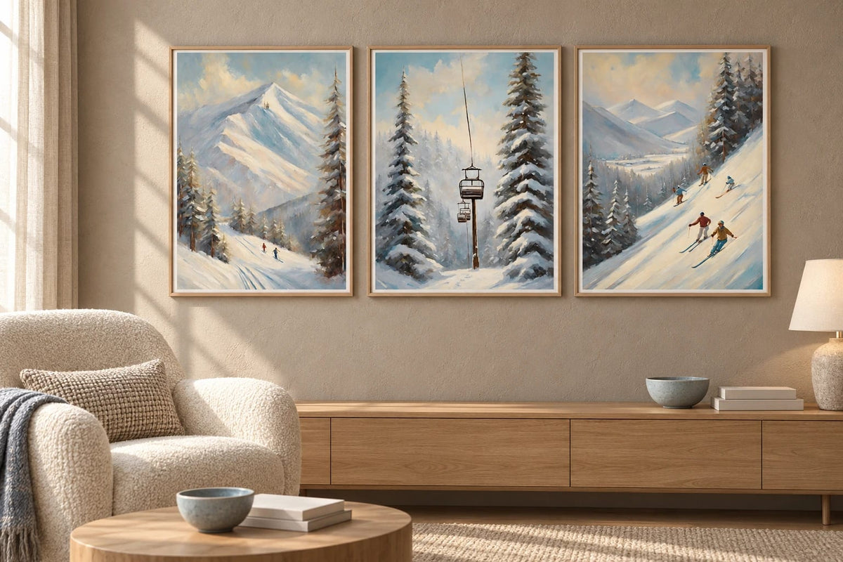 Three mountain prints hang on a warm beige wall beside a light chair and long console.