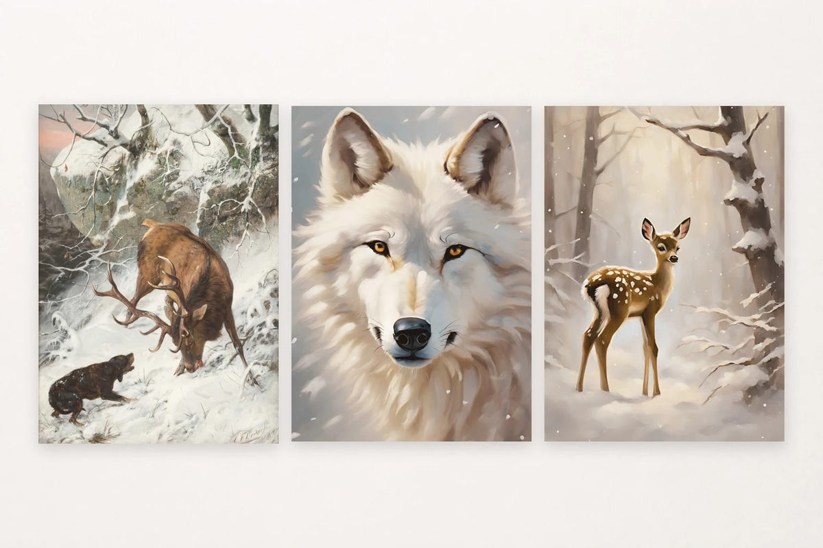 Three winter animal prints show a stag, white wolf, and young deer in a forest.