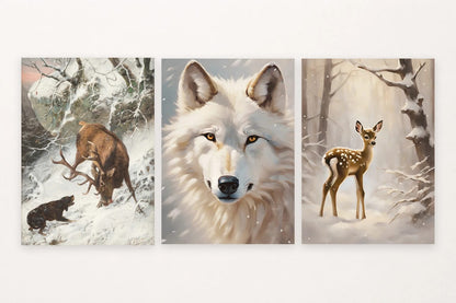 Three winter animal prints show a stag, white wolf, and young deer in a forest.