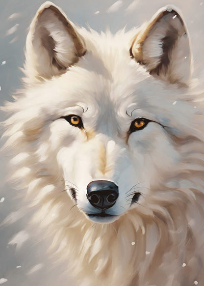 A white wolf appears in a close portrait.