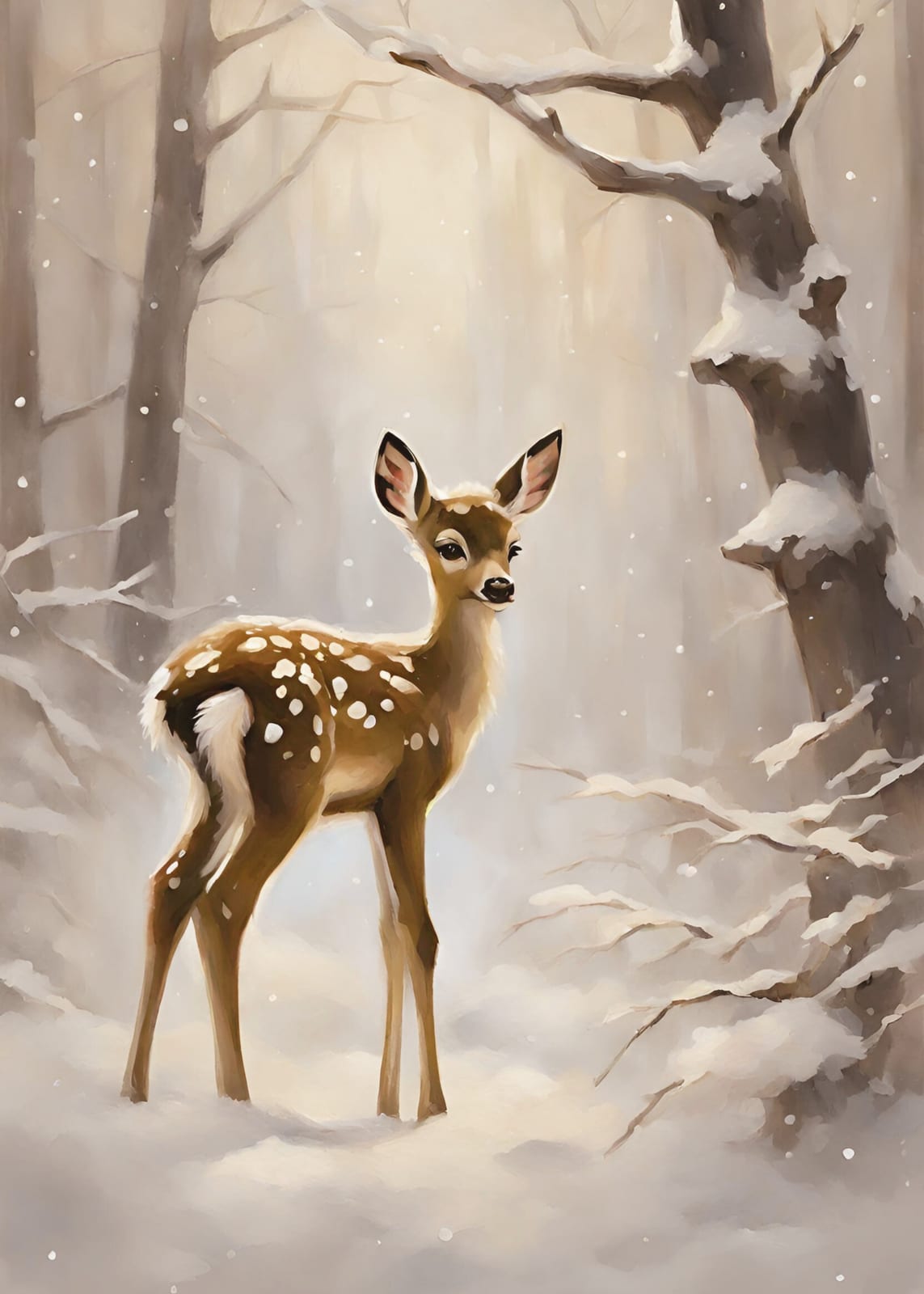 A young deer stands among trees.