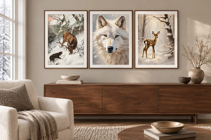Three winter animal prints hang above a walnut sideboard in a light living room.