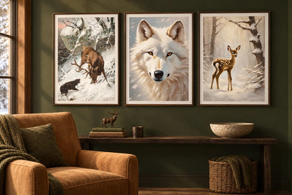 Three animal prints in wood frames hang on a deep olive wall above a console.