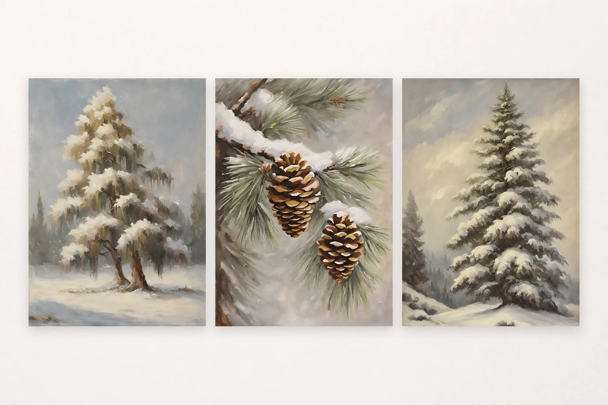 Three winter botanical prints show snowy trees and pinecones on a branch.