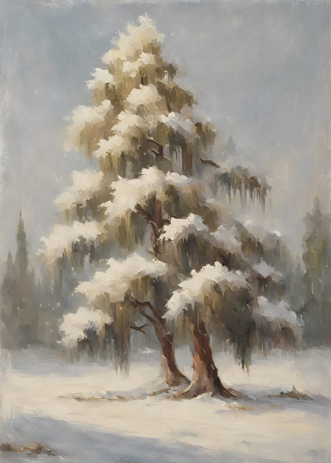 A snow-covered tree fills the print.