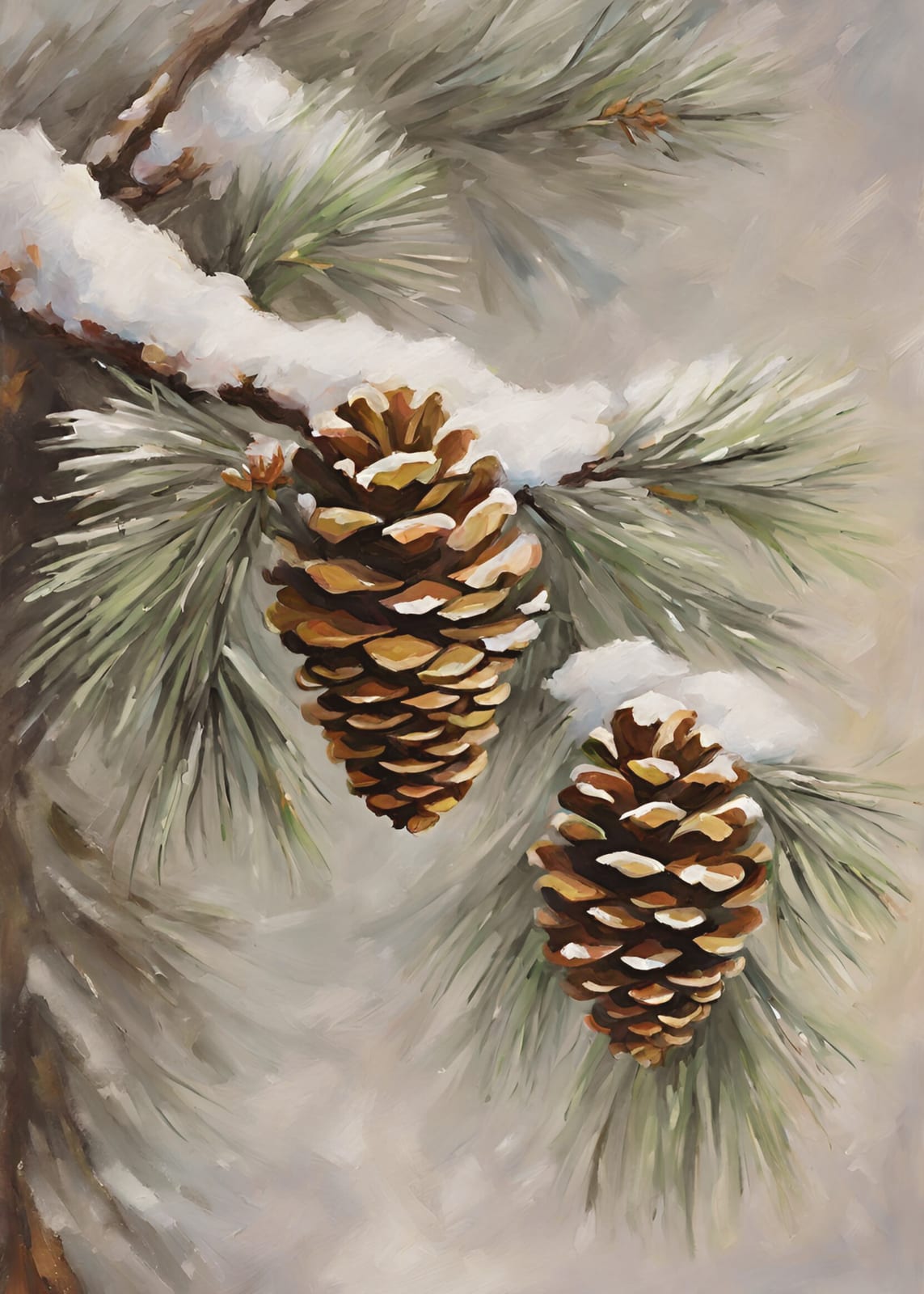 Two pinecones rest on a snow-covered branch.