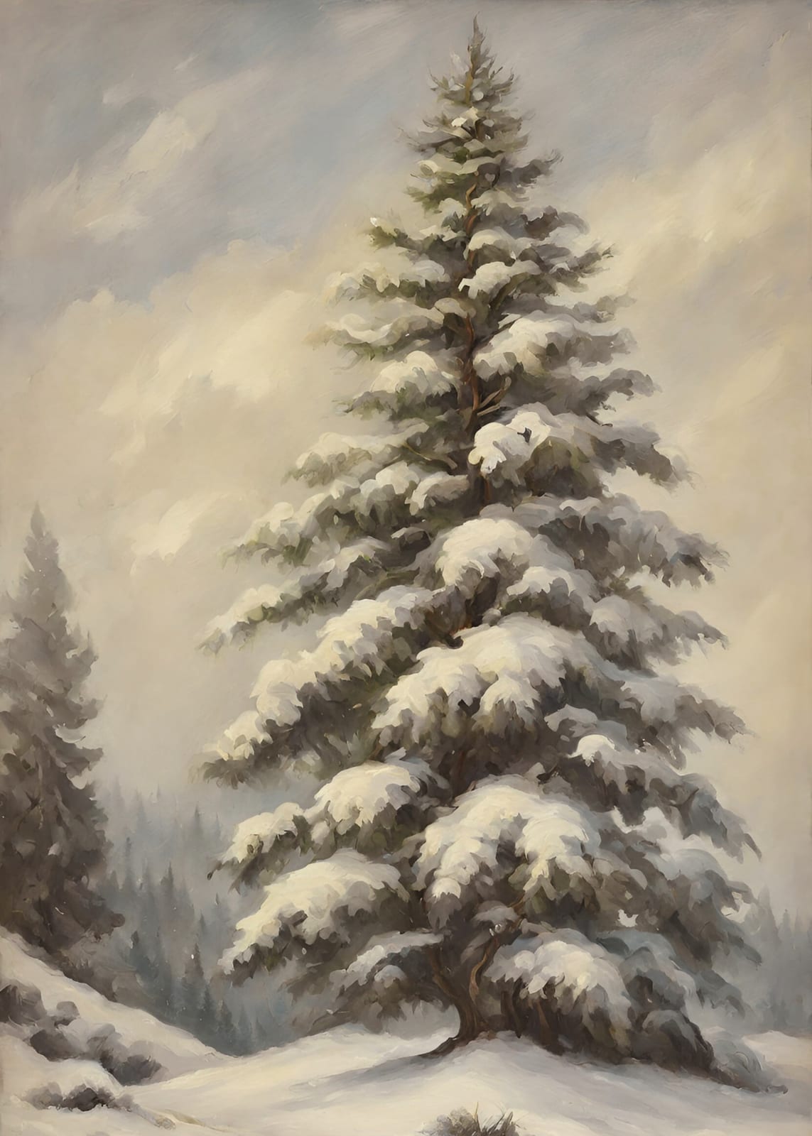 A fir tree stands beneath a coating of snow.