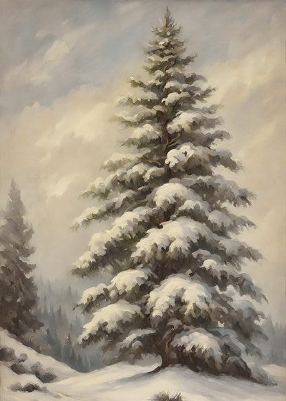 A fir tree stands beneath a coating of snow.