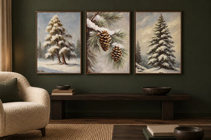 Three evergreen prints hang above a long wood bench on a dark green wall.