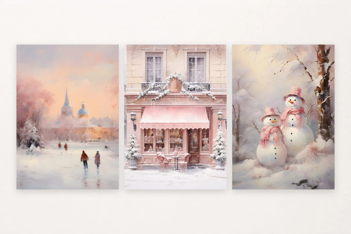 Three winter prints show a snowy city, pink street and shop, and two snowmen.