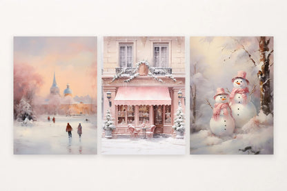 Three winter prints show a snowy city, pink street and shop, and two snowmen.