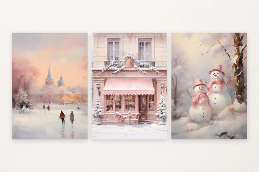 Three winter prints show a snowy city, pink street and shop, and two snowmen.