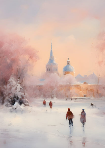 Small figures move through a snow-covered city scene.