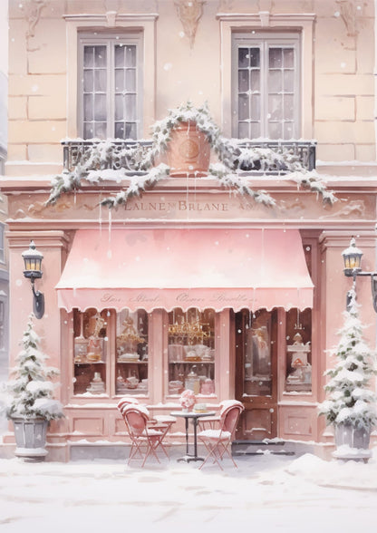 A pink street and shop sit beneath falling snow.