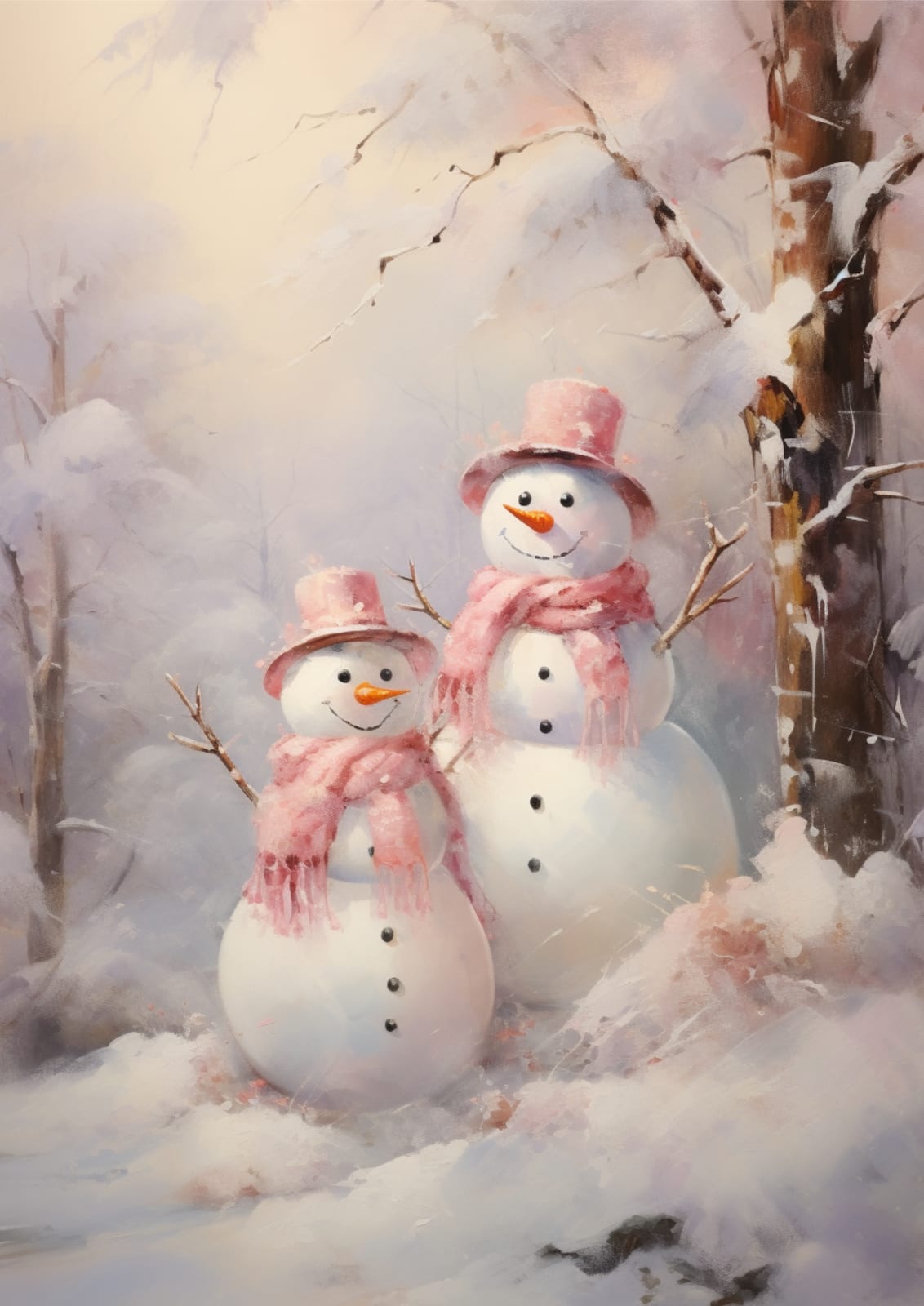 Two snowmen stand against a pink field.