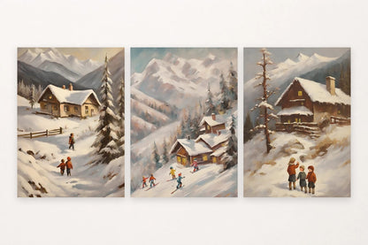 Three winter prints show children at cabins and skiers in a snowy village.