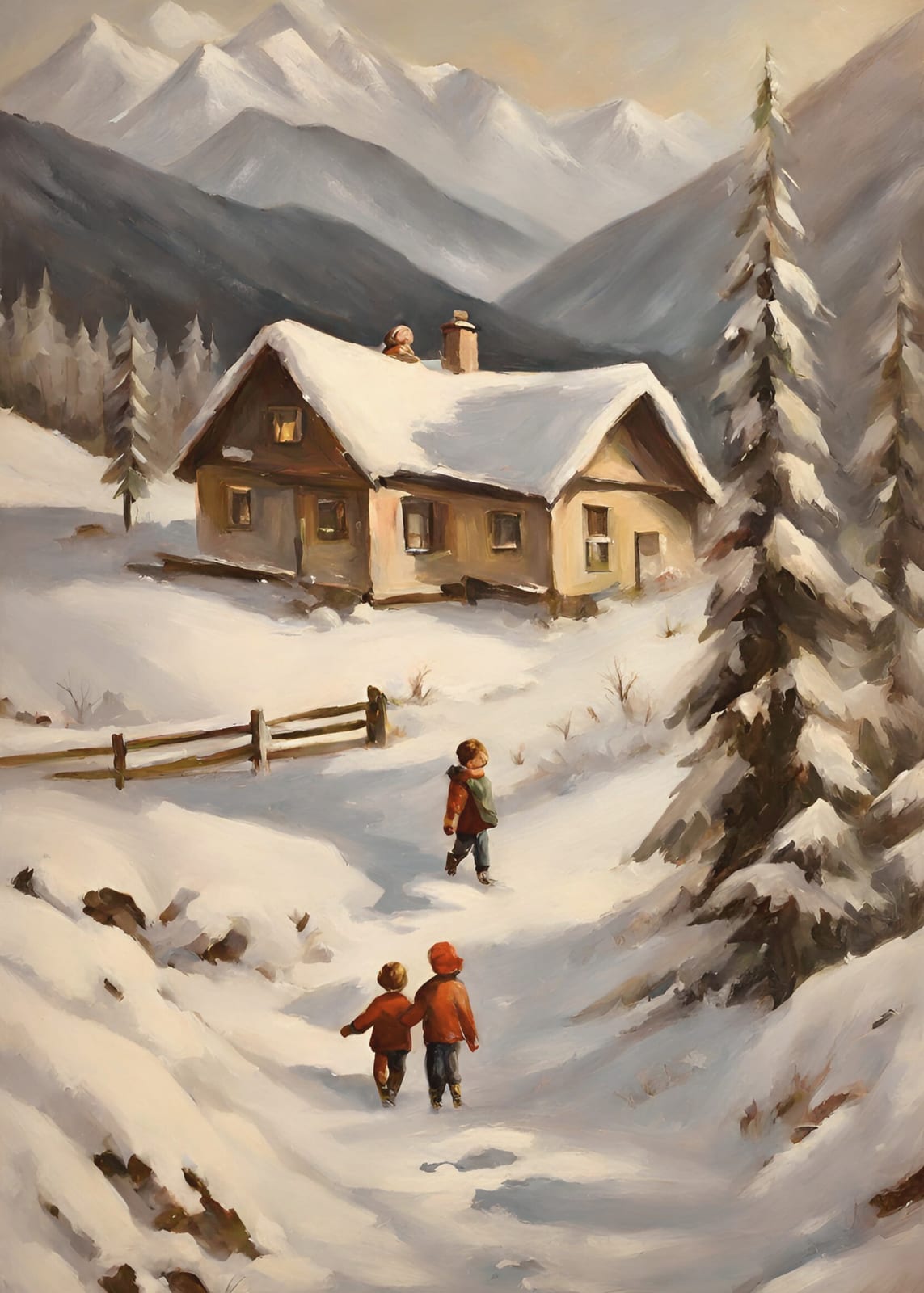 Children stand near a snow-covered cabin.