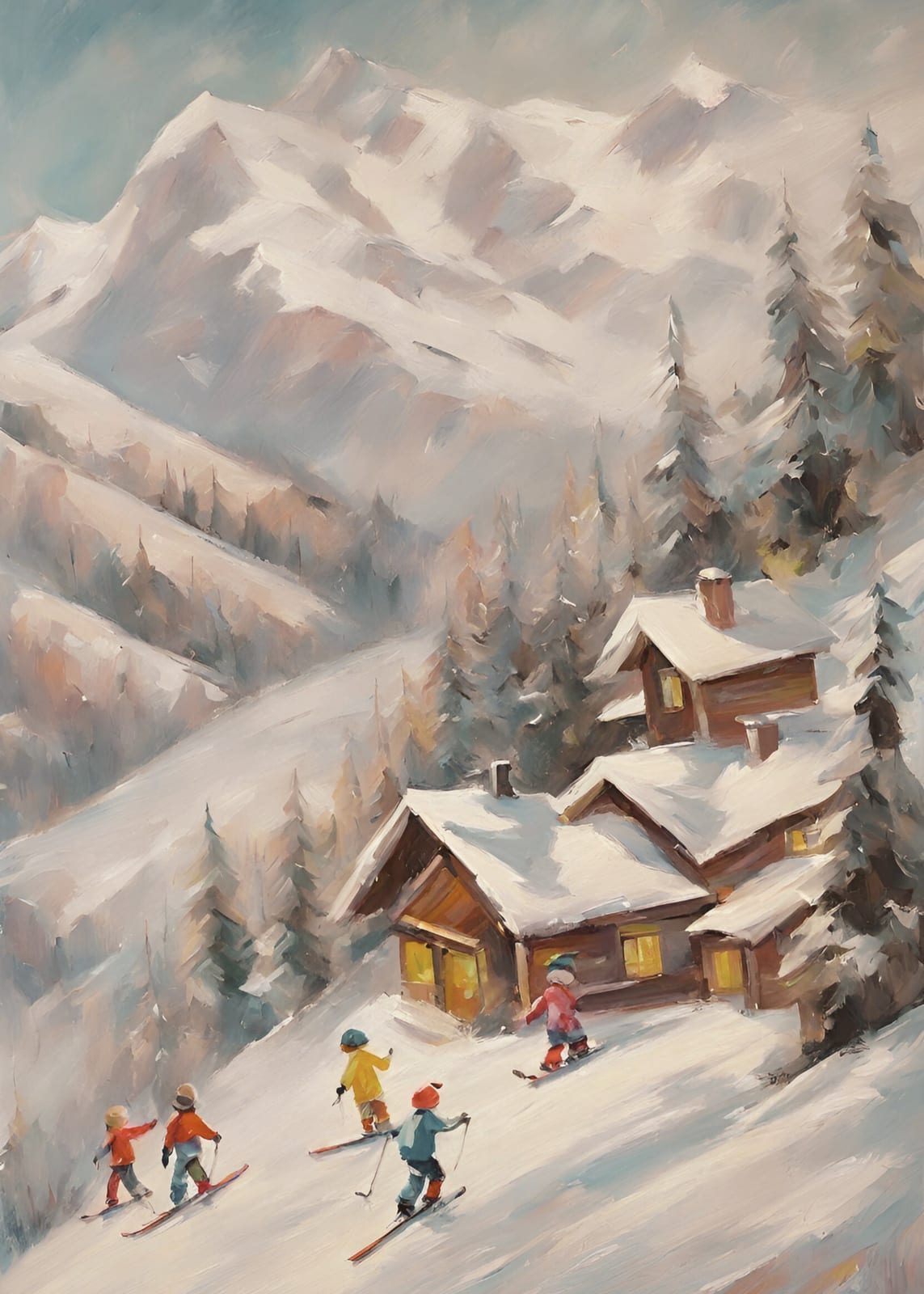 Skiers move through a winter village.