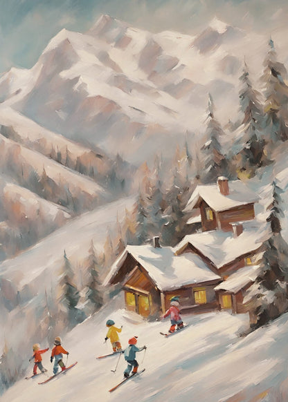 Skiers move through a winter village.