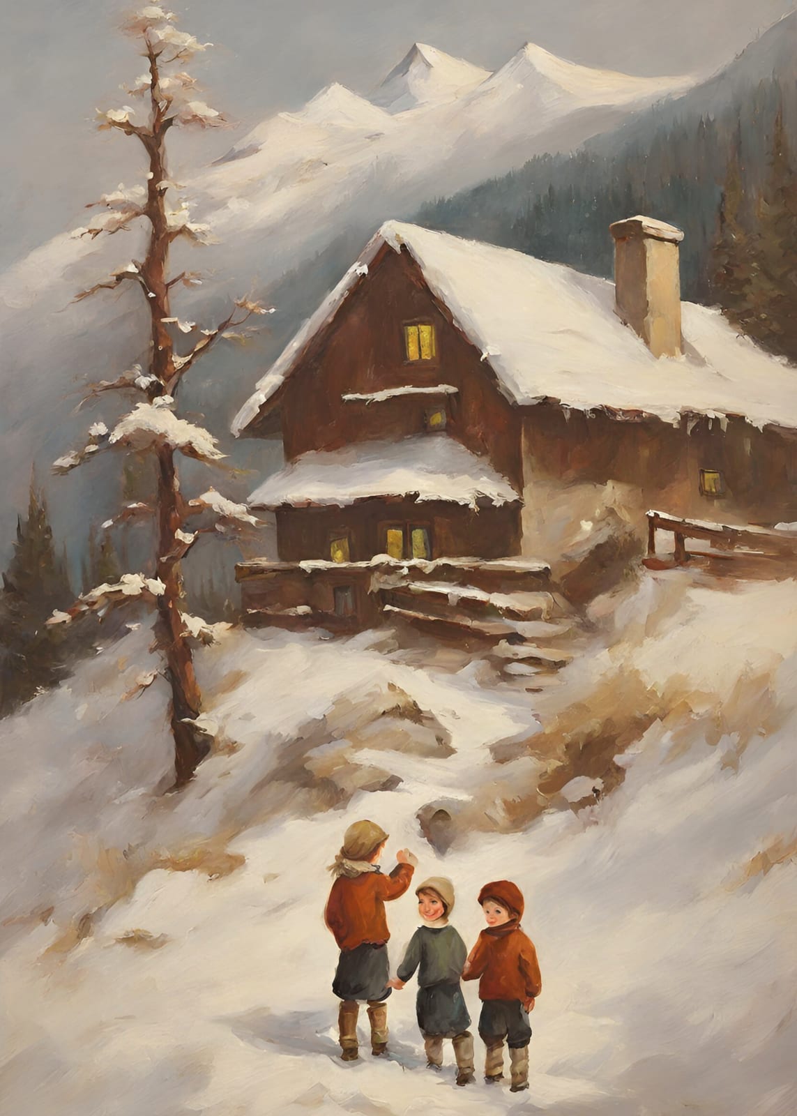 A cabin and three children appear in the snow.
