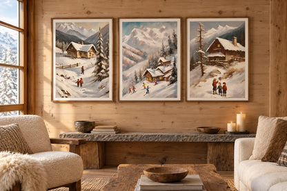 Three winter prints hang above a stone sideboard in a light wood chalet interior.