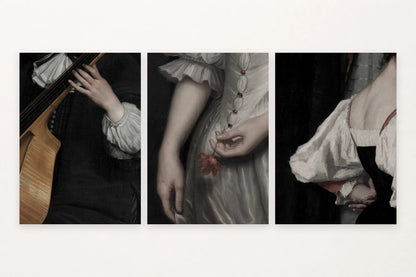 Three dark stage images show a stringed instrument, a red flower, and contrasting fabric.