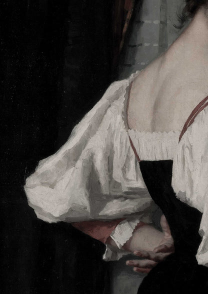 A white blouse and dark bodice appear in a close crop.