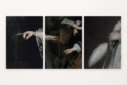 Three stage details show hands, a stringed instrument, paper, and a white feather fan.