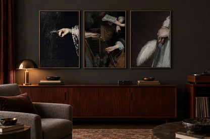 Three stage-detail prints hang above a walnut cabinet in a dark music room.