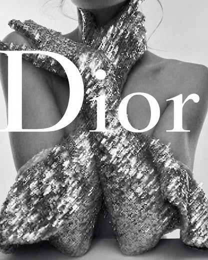 A glitter dress beneath DIOR lettering.