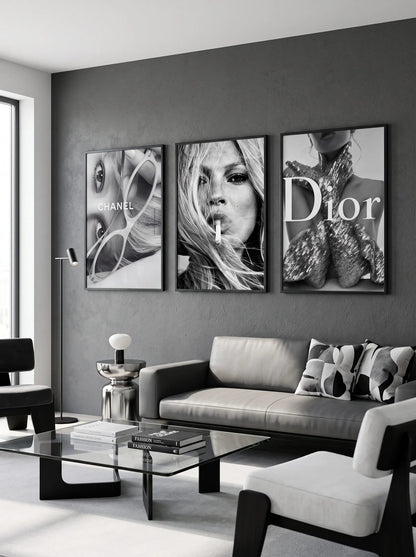 A portrait with oversized glasses, a woman with a cigarette, and a glitter dress grouped in a room; frames are not included.