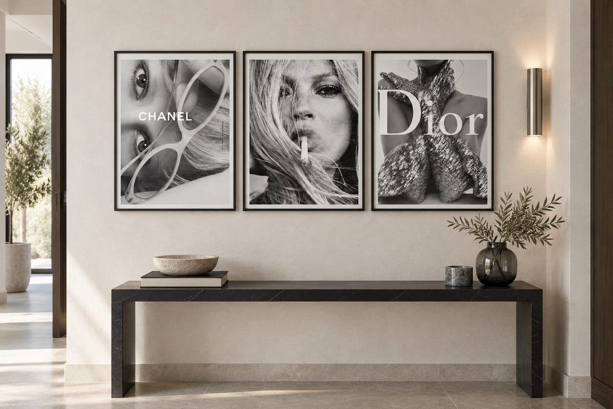 The three monochrome fashion portraits arranged together on a wall; frames are not included.