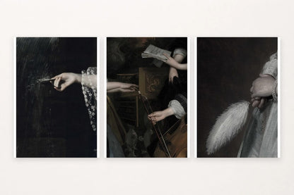 Three art-study prints featuring hands, a book, a musical instrument, and a feather.