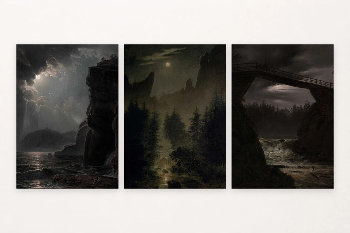 Three moonlit landscapes show a rocky shore, forest valley, and arched bridge.
