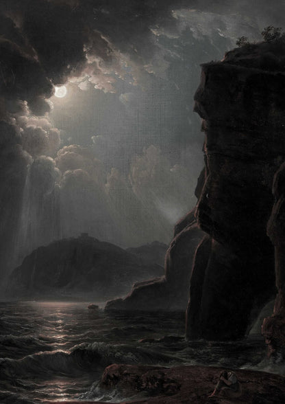 A moonlit sea meets a rocky shore.