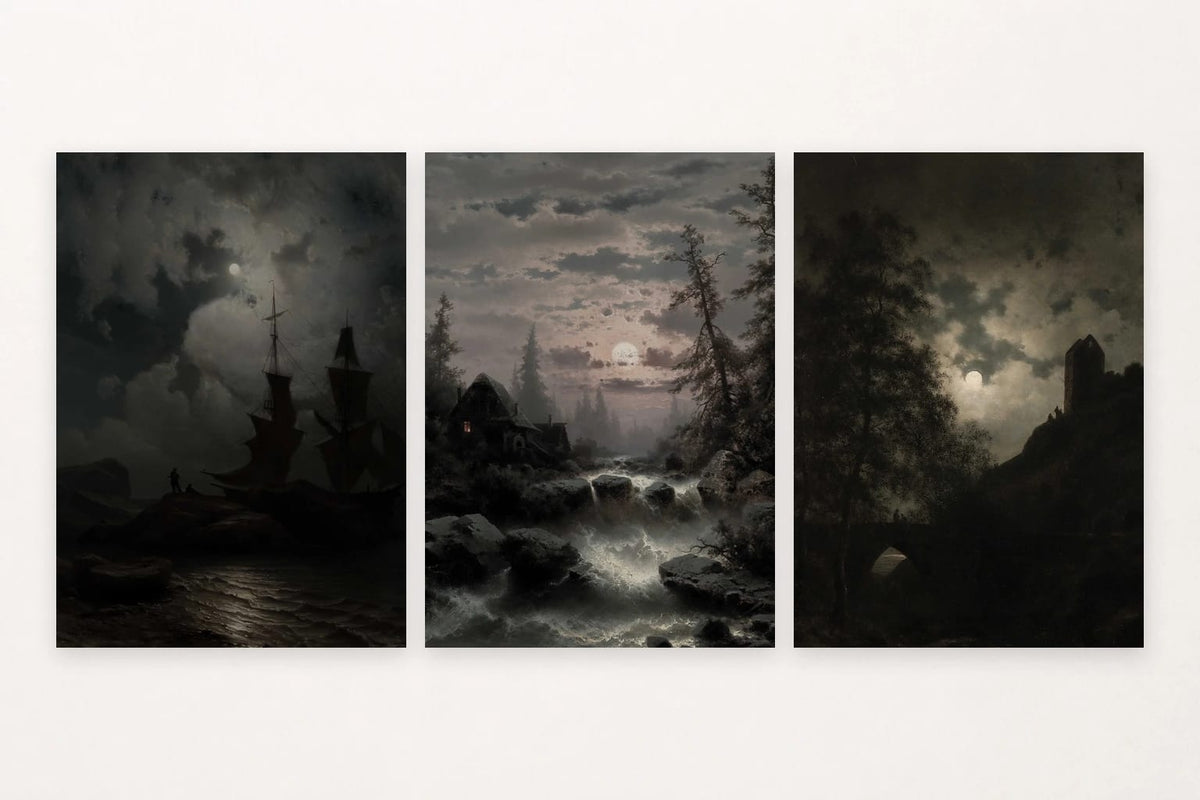 Three moonlit scenes show ships, a forest stream beside a house, and a tower bridge.