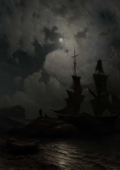Ships sail beneath the moon.