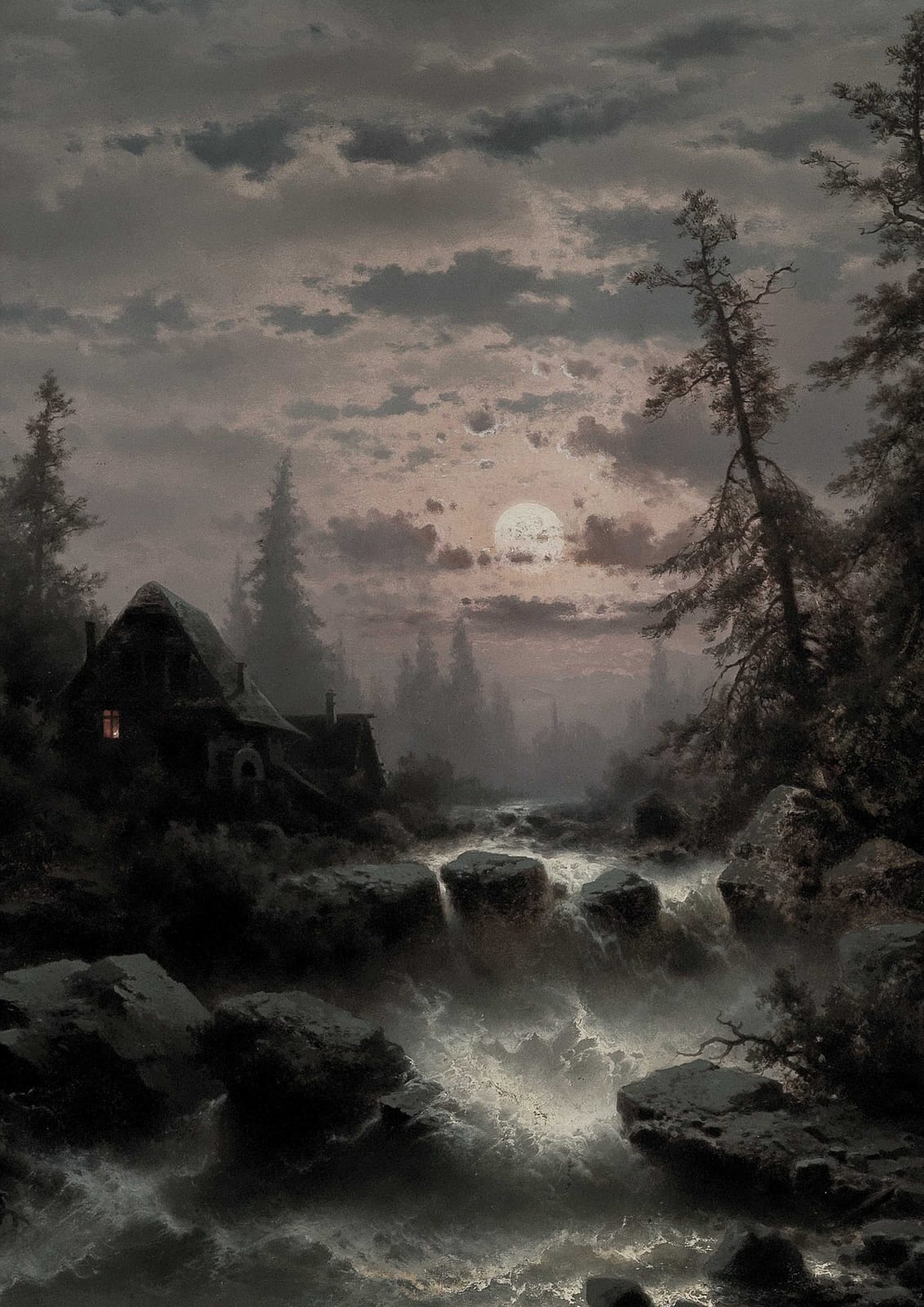 A forest stream flows beside a house.