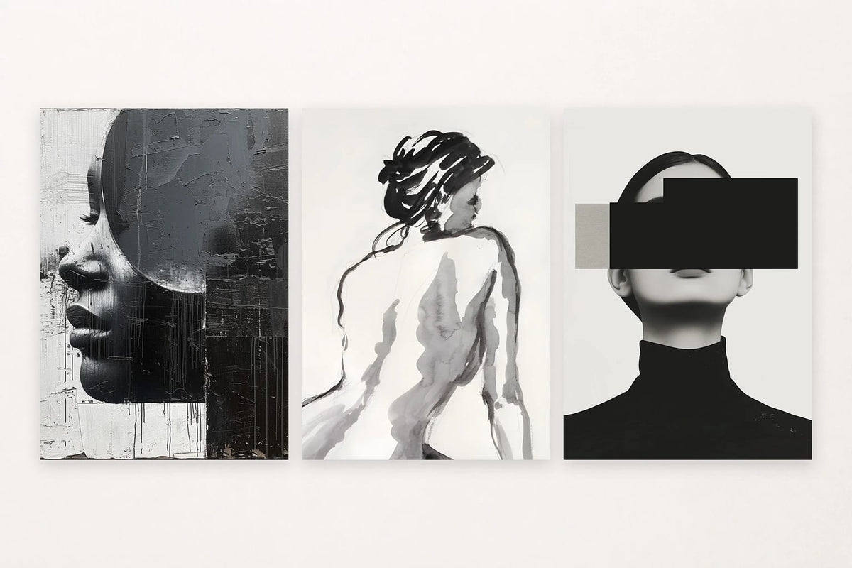 Three monochrome portrait prints with fragmented forms and black-and-gray geometry.