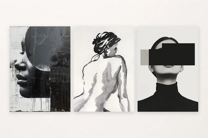 Three monochrome portrait prints with fragmented forms and black-and-gray geometry.