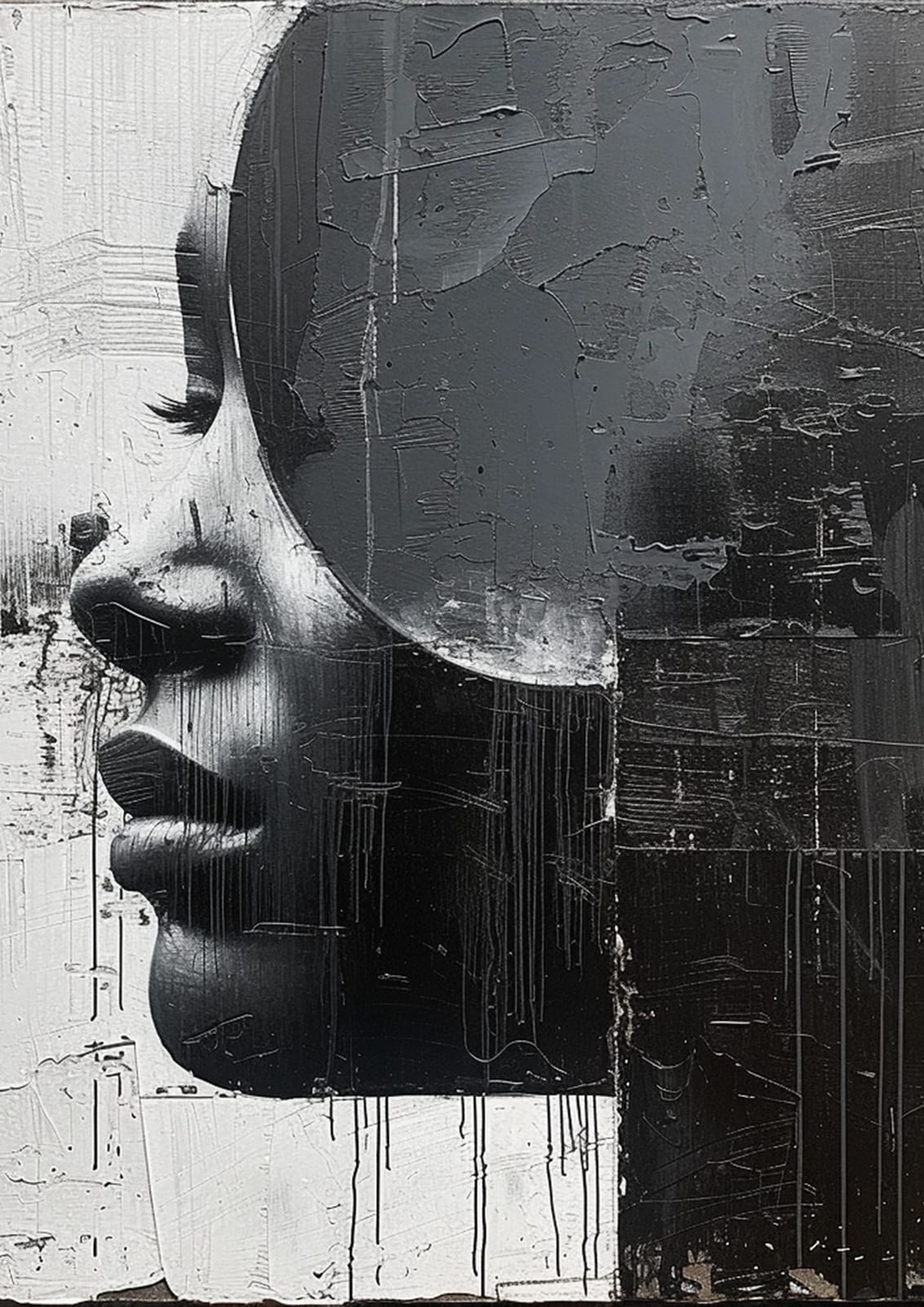 a fragmented profile against a black-and-white textured ground