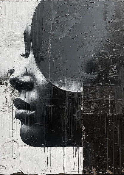 a fragmented profile against a black-and-white textured ground