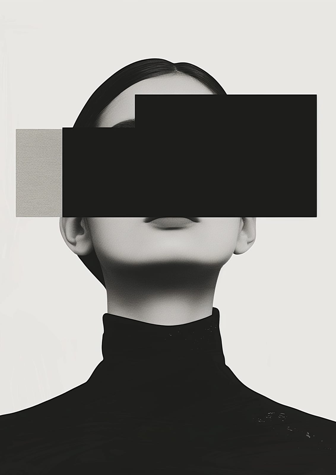 a portrait crossed by black and gray rectangles