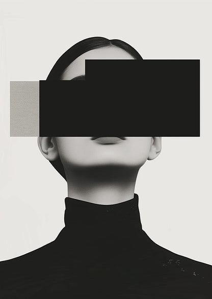 a portrait crossed by black and gray rectangles