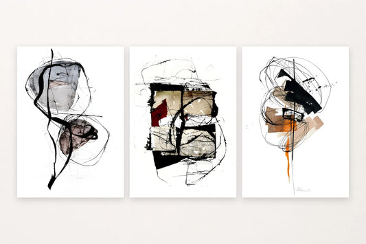 Three abstract prints show gray loops, beige and red blocks, and black lines with orange.